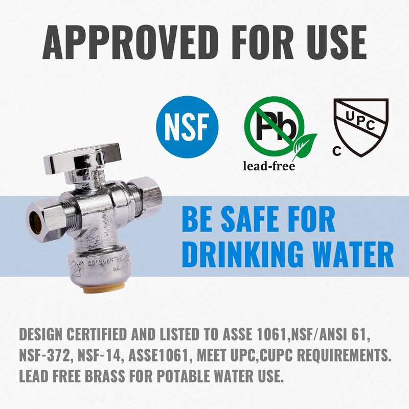SUNGATOR Dual Compression Outlet Stop Valve, 1/2" Push-to-Connect x 3/8" Compression Push Fit Shut Off Water Valve with Disconnect Clip & Tape, Chrome Plated No Lead Brass for PEX, Copper, CPVC - Image 2